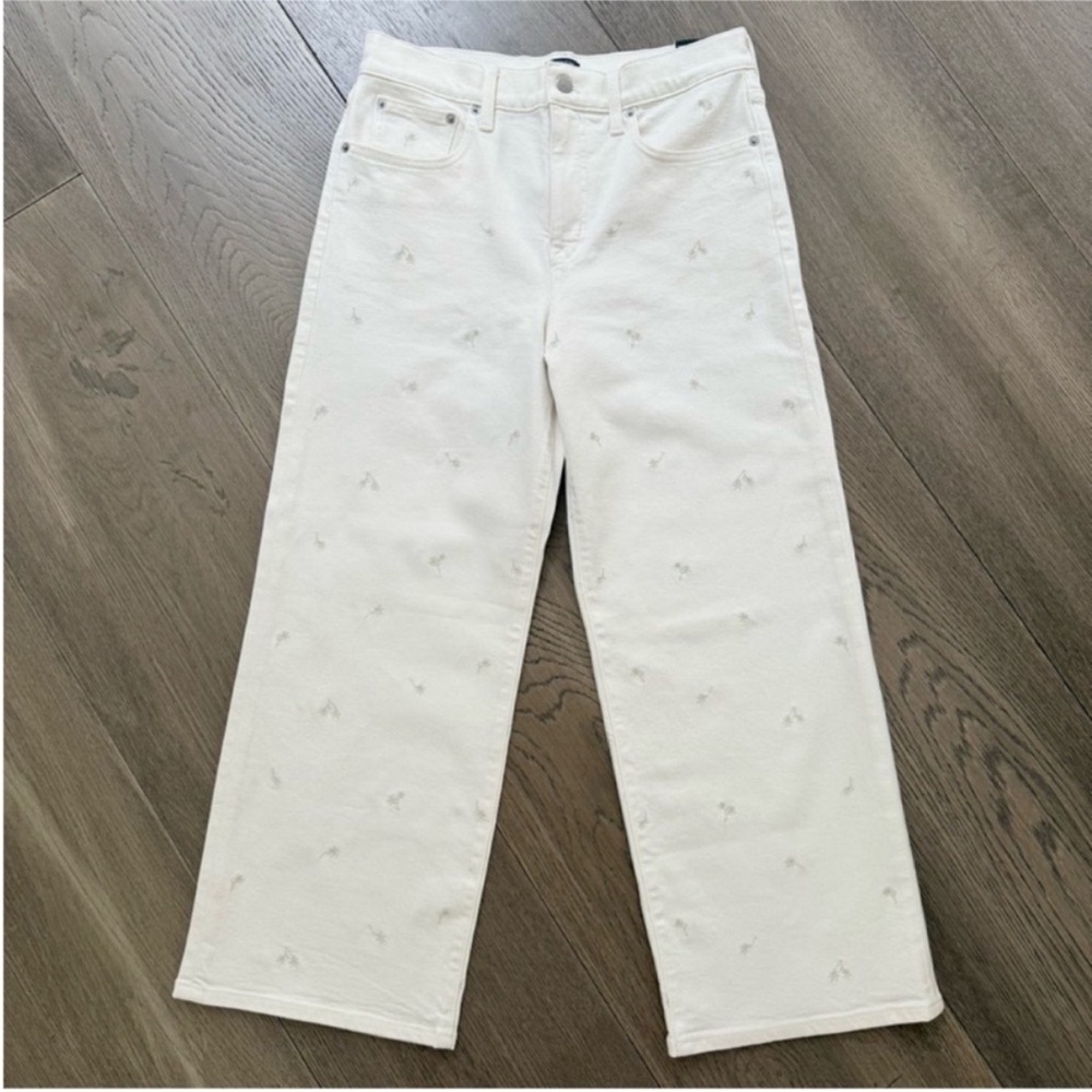 NWT J.Crew Factory Ivory White Floral Embroidered Wide Leg Crop Denim Jeans 29